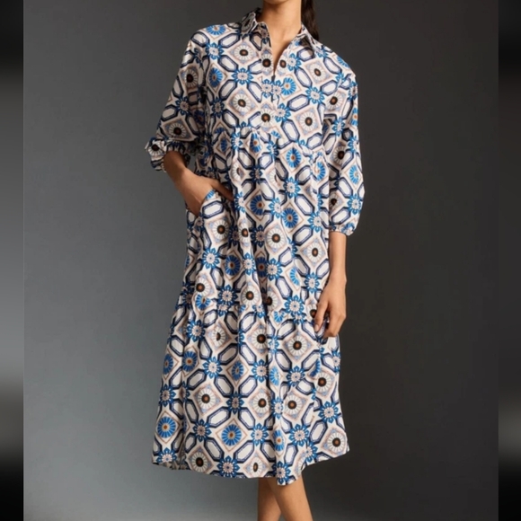 Maeve Anthropologie Blue White Pattern Midi Dress Bettina - Picture 2 of 10